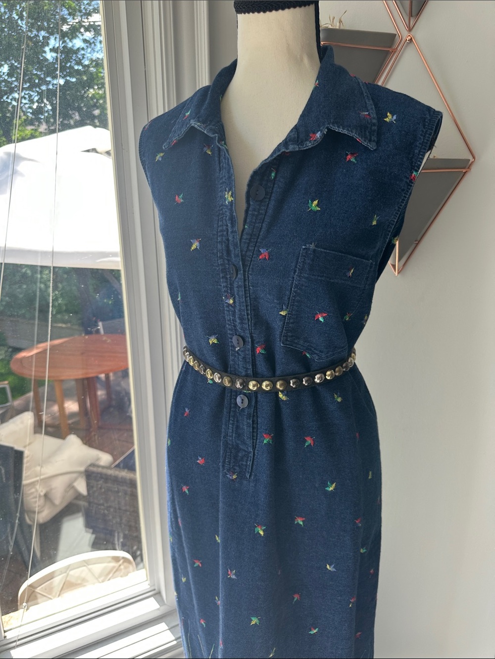 VINTAGE 90s Denim Navy Blue Embroidered Maxi Jean Dress Button Front Size 16 - Picture 10 of 14